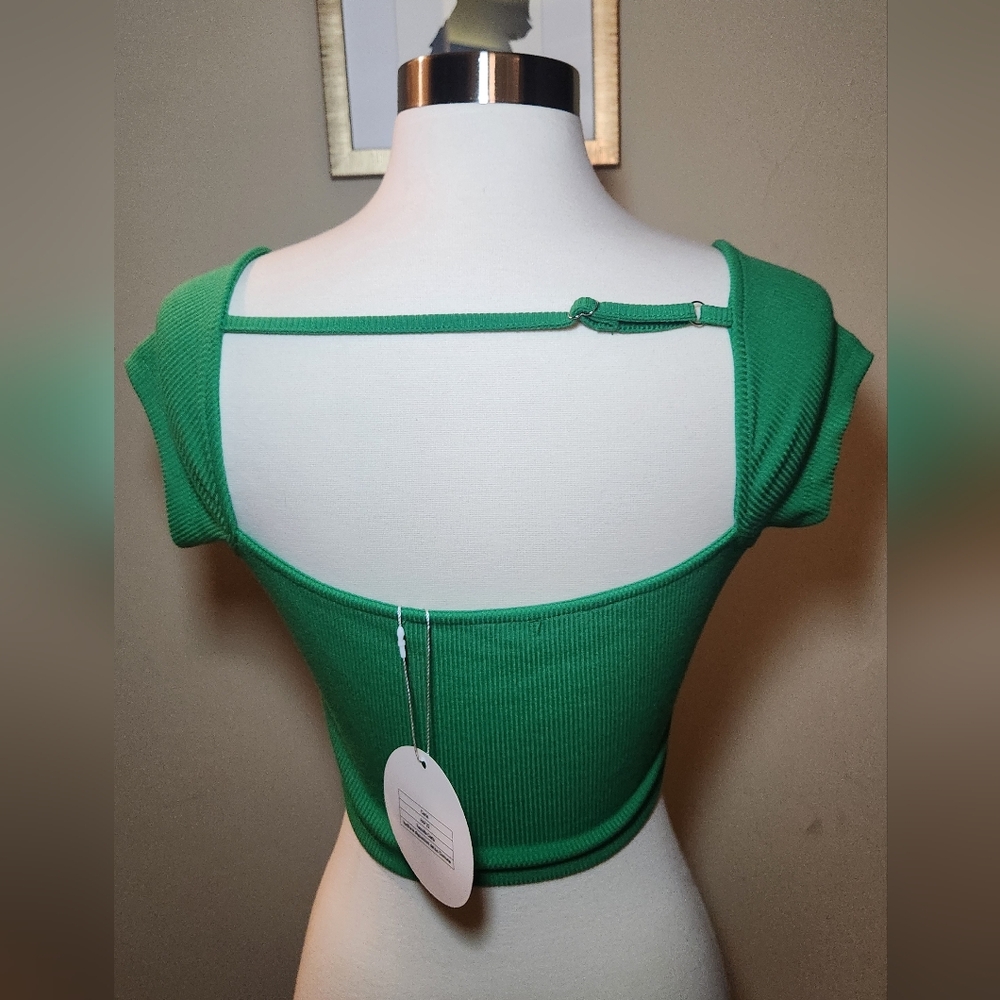 Green Ribbed Square Neck Top Crop Size Small - Picture 3 of 6